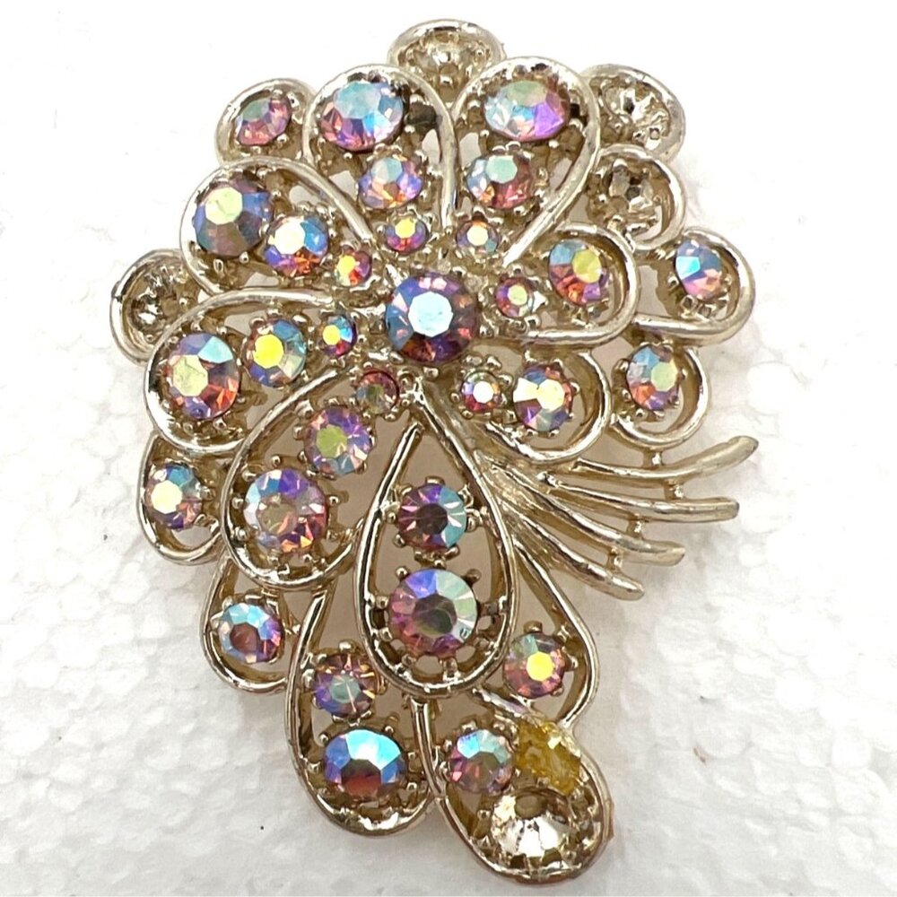 Vintage ART@ Peacock Brooch Aurora Borealis AB‎ Rhinestones Gold Tone READ